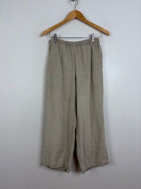Flax Pants Womens Petite 4 6 Beige Linen Wide Leg Cropped Pull On Resortwear